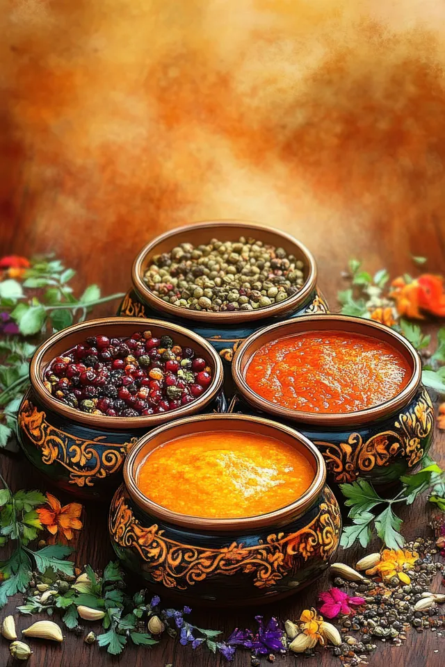 Four bowls of colorful spices and sauces on a rustic table surrounded by fresh herbs and peppercorns.