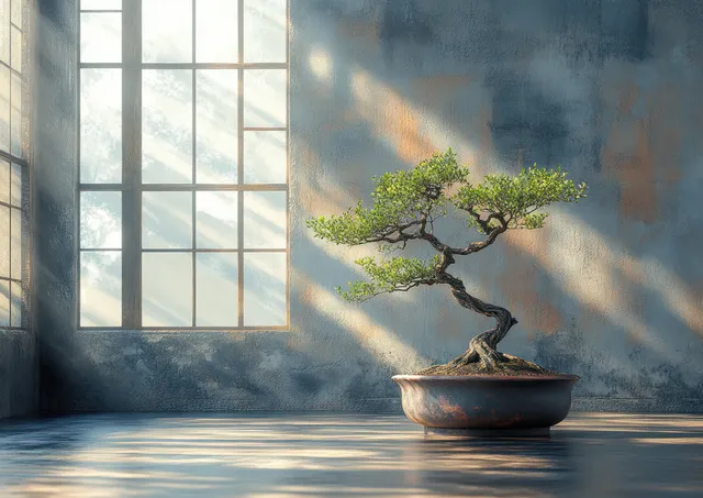 A bonsai tree in a ceramic pot stands on a wooden floor beside an industrial window casting warm morning shadows.