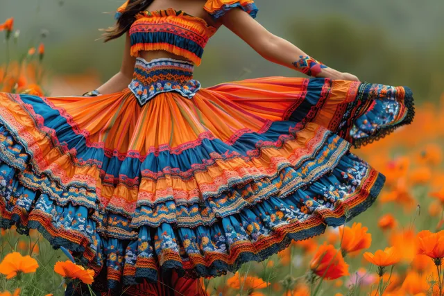 A Mexican woman twirls in a bright orange and blue skirt in an orange poppy field.