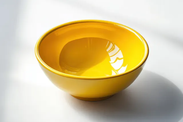 Bright yellow ceramic bowl resting on white surface, natural light reflection and soft shadow