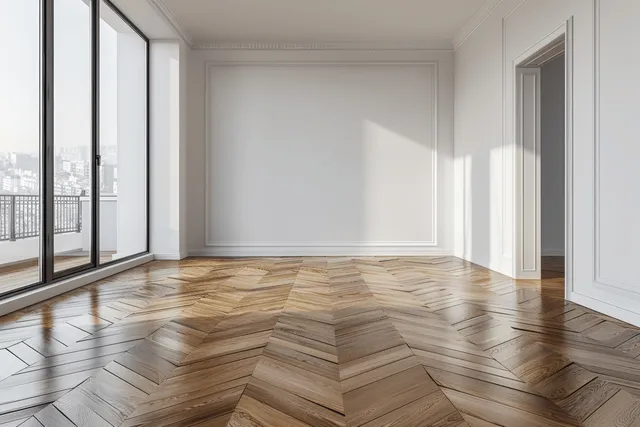 Empty minimalist room with herringbone parquet flooring, white walls, and large windows showing a city view.