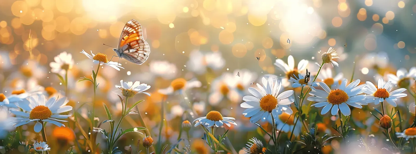 Butterflies hover over blooming white daisies in a sunlit meadow.