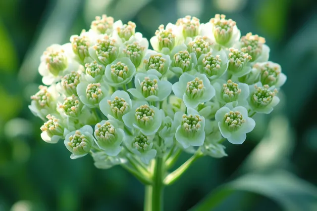 Greenish-white flower cluster in macro view on a stem with soft green bokeh background.