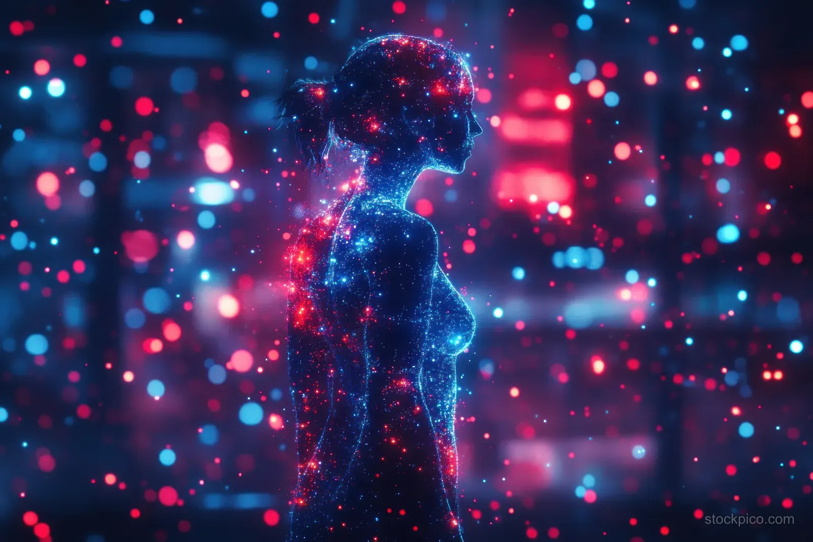 Glowing female torso silhouette with radiography overlays and blue-red light particles in the background.