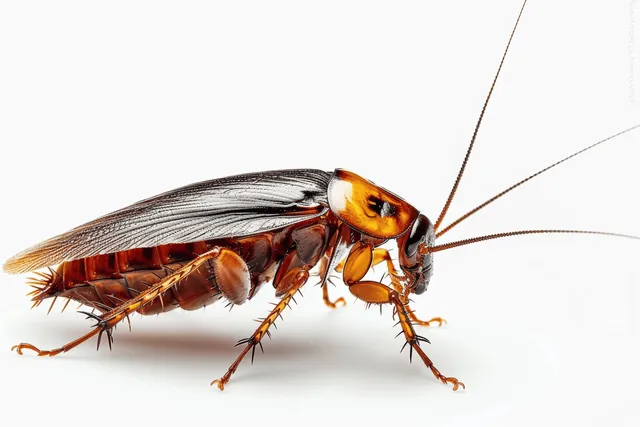 A lifelike cockroach isolated on a stark white background with visible antennae, legs, and textured exoskeleton.