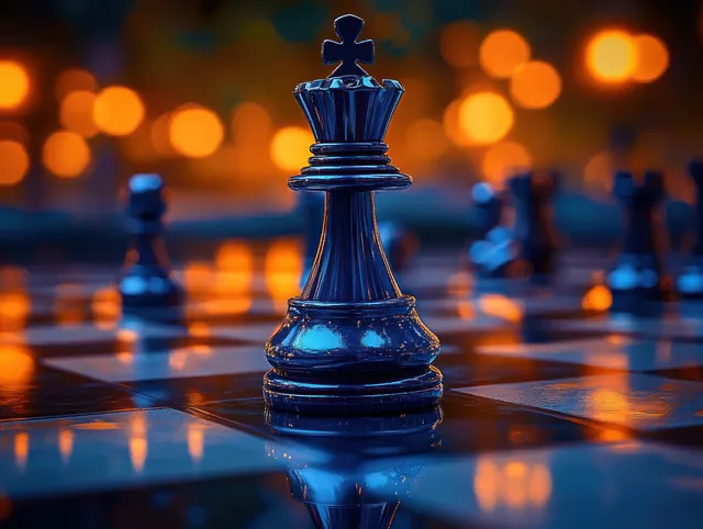 Black chess king piece stands on reflective board, warm bokeh lights behind