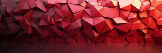 Red polygon wall backdrop with sharp geometric facets and deep shadowed highlights