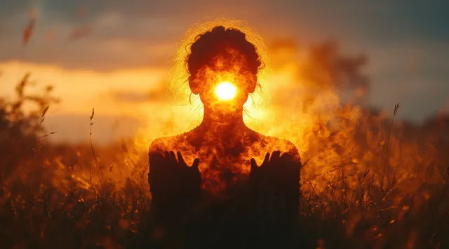 A silhouetted woman holds her hands up to frame a glowing sunset horizon behind her.