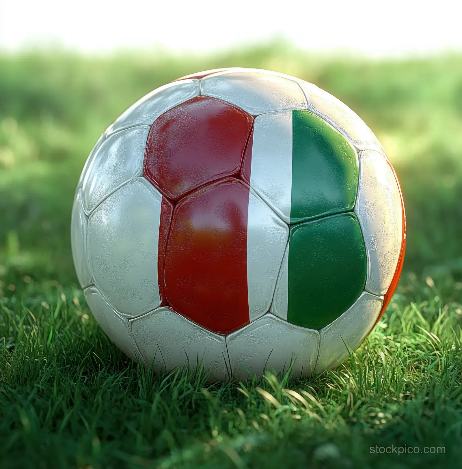 An Italian flag colored soccer ball rests on sunlit green grass with soft background blur.