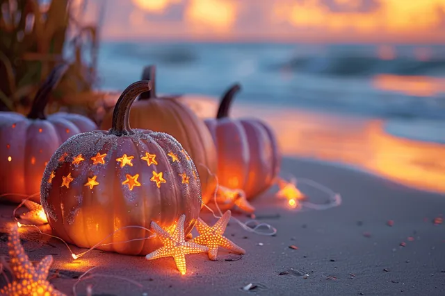 Carved pumpkin lanterns on a sandy beach at sunset with glowing starfish and festive lights
