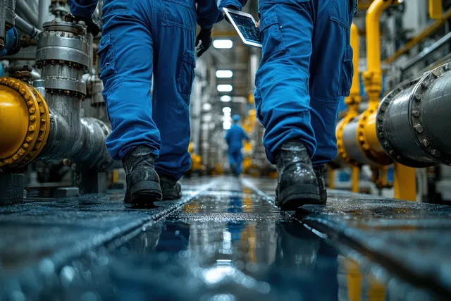 Engineers in blue coveralls consult a tablet on a factory floor beside industrial pipes and valves.