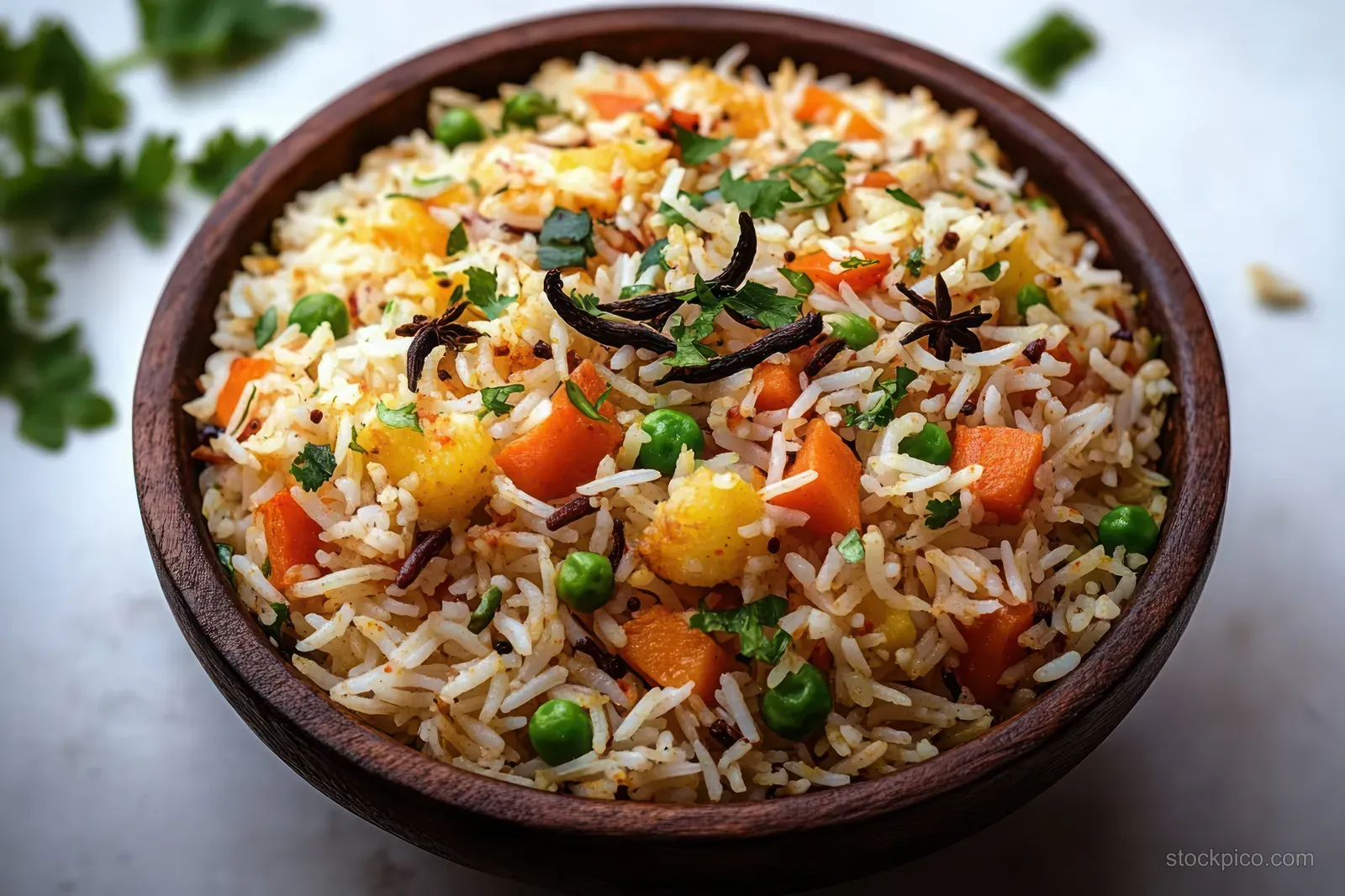 Colorful vegetable fried rice with peas, carrots, pineapple chunks, and fresh herbs in a wooden bowl.