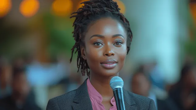 African American businesswoman speaks into a microphone at a conference with an audience blurred behind her.