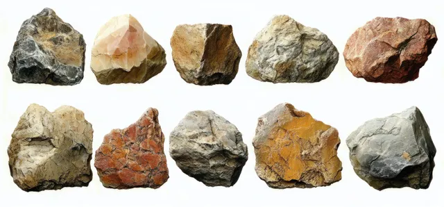 Twelve irregularly shaped stones in earthy colors arranged on a white background.
