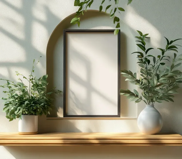 Empty vertical artwork frame on a wooden shelf with potted plants and sunlit shadows in a Scandinavian-style interior.