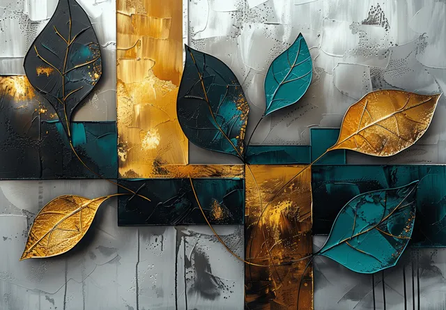 Geometric leaf collage painting with gold and teal accents on white textured background