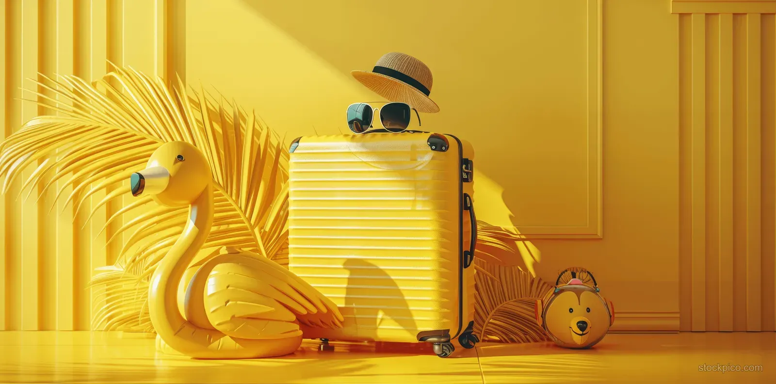 Yellow suitcase with straw hat, sunglasses, and inflatable flamingo on a solid monochrome yellow background.