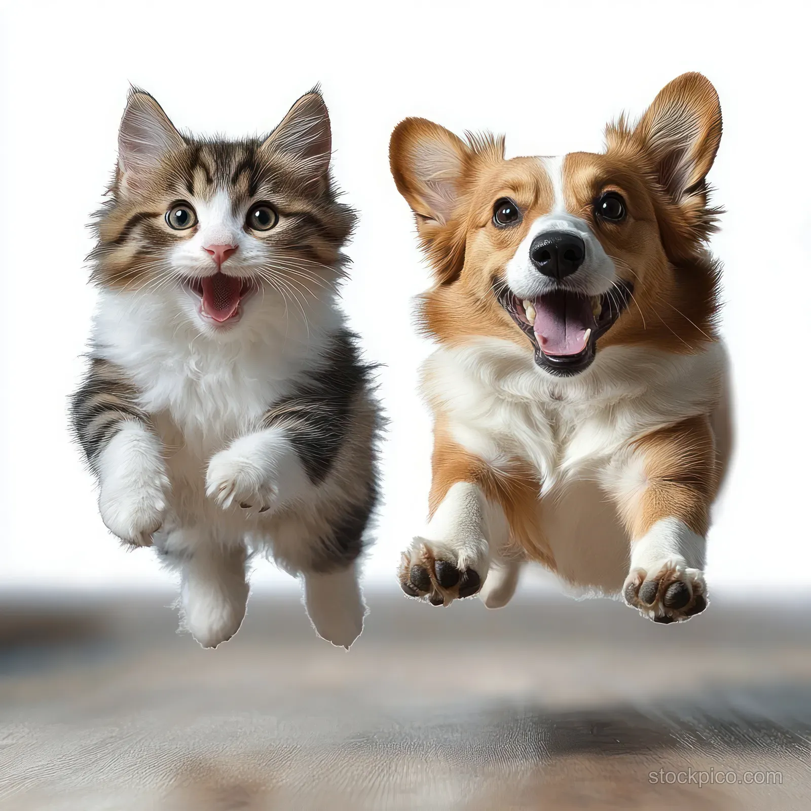 A kitten and corgi dog leap midair indoors with joyful open-mouthed faces and bright eyes.