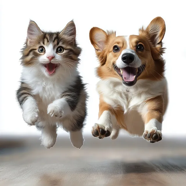 A kitten and corgi dog leap midair indoors with joyful open-mouthed faces and bright eyes.