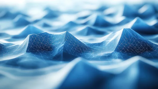 Abstract blue wireframe mountains and wave-like mesh curves fill the frame in a healthcare science style.