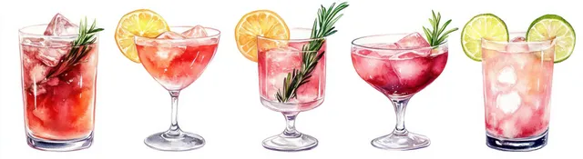 Five watercolor cocktails with ice, lemon and lime, rosemary garnish, shown in different glass styles on a white background.
