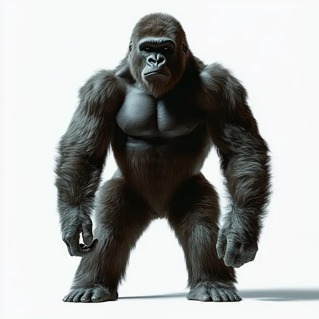 Large gorilla standing upright with intense serious face against clean white background