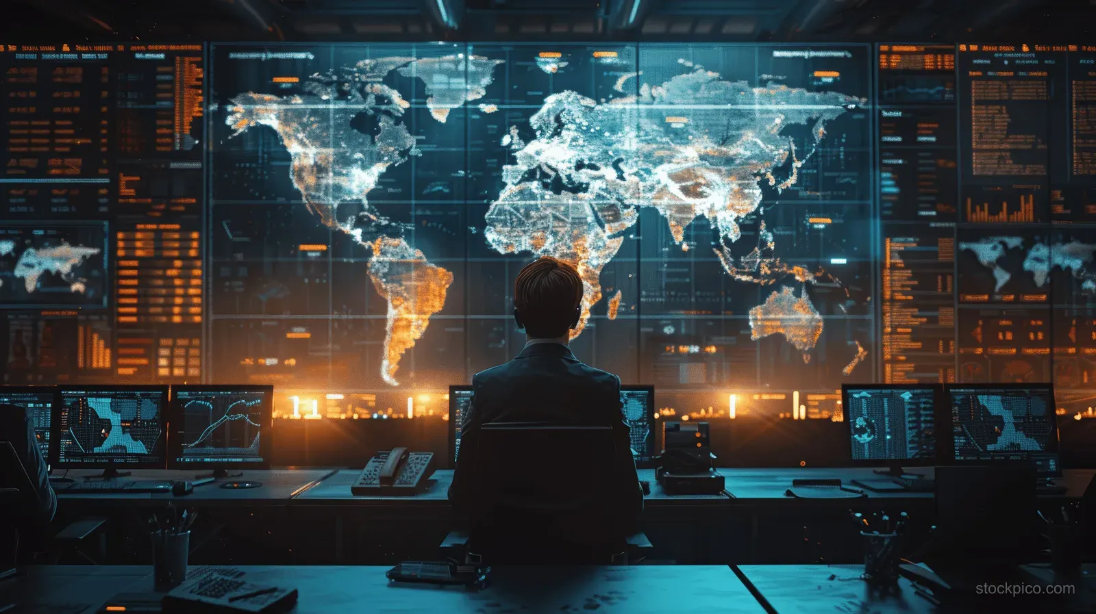 An incident response analyst monitors multiple screens in a control room showing a glowing world threat map.