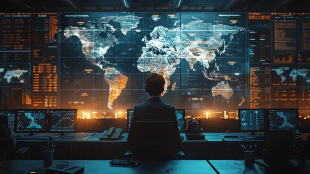 An incident response analyst monitors multiple screens in a control room showing a glowing world threat map.