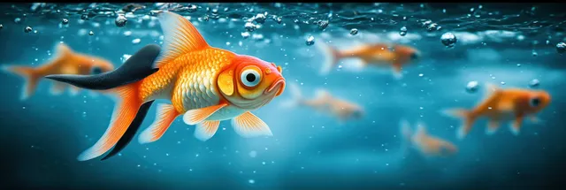 A goldfish in a shark-fin costume swims forward in stormy blue ocean water with bubbles and distant fish.