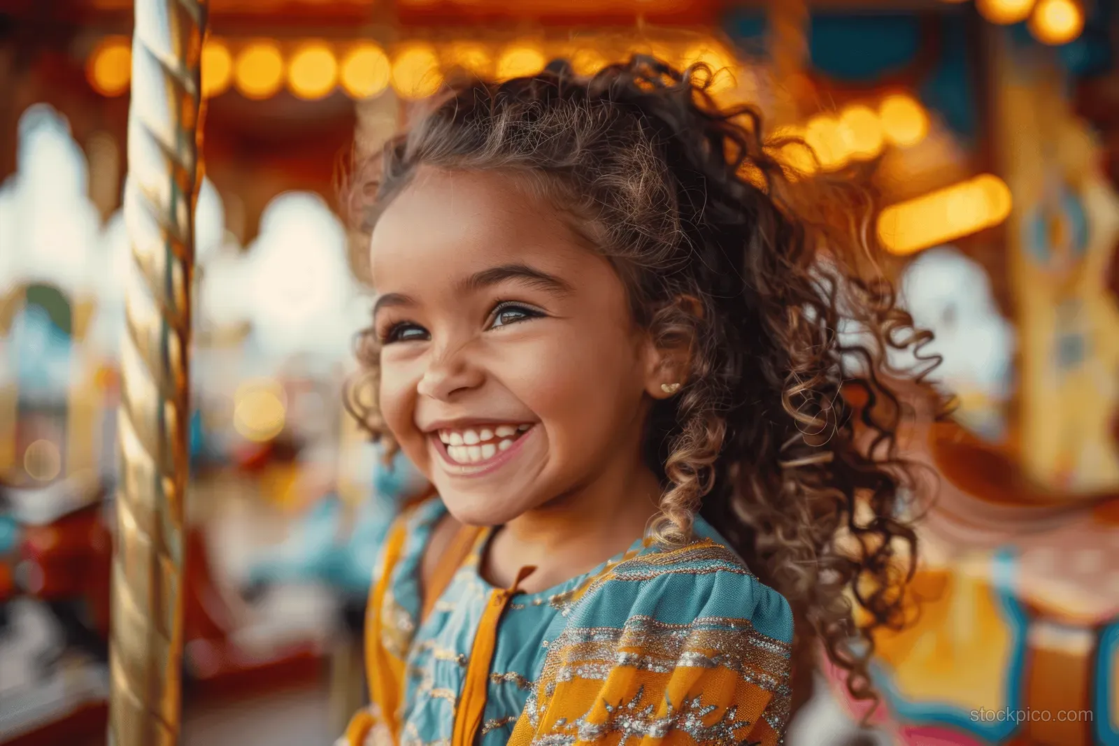 A curly-haired girl smiles while riding a carousel at an amusement park with warm lights behind her.