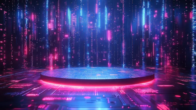 Neon circular stage platform surrounded by cascading vertical pink and blue light strips in a digital tech scene.
