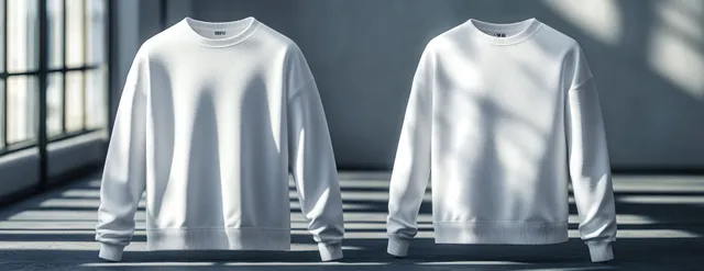 Two white long-sleeve crewneck shirts sit side-by-side with soft shadows and visible fabric texture.