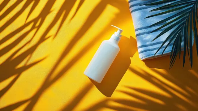 White pump bottle beside blue striped towel, palm-leaf shadows on bright yellow background