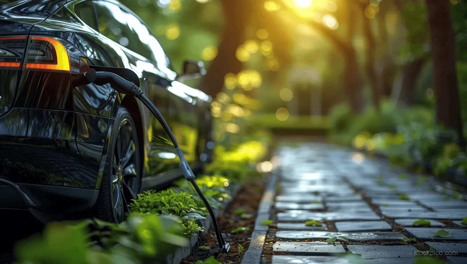 Electric vehicle charging plug connected to a wall station next to a parked car in a sunlit eco park.