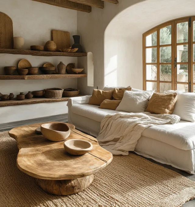 Minimalist living room with white sofa, earthy pottery on shelves, and sunlight pouring through a curved window.