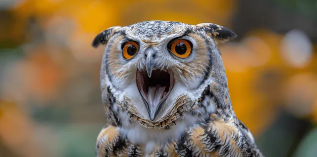 A surprised owl with its mouth open is set against a bright yellow background, creating a humorous and vibrant portrait.