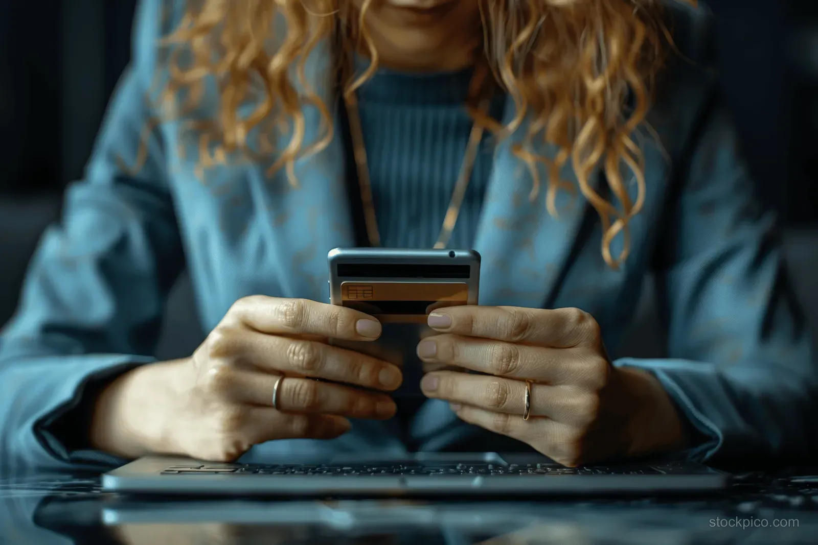 Businesswoman holding a credit card and tapping a smartphone while typing on a laptop for online payment.
