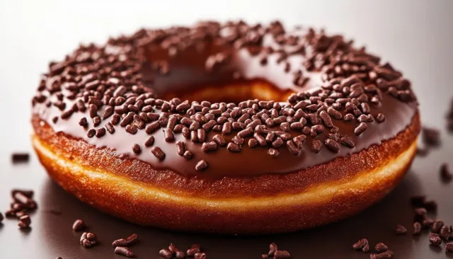 Chocolate glazed donut with dark sprinkles in a close-up view showing glossy coating and golden crumb.
