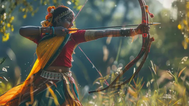 An Indian archer draws a bow on a green field, arrow aimed toward a target with blurred background.