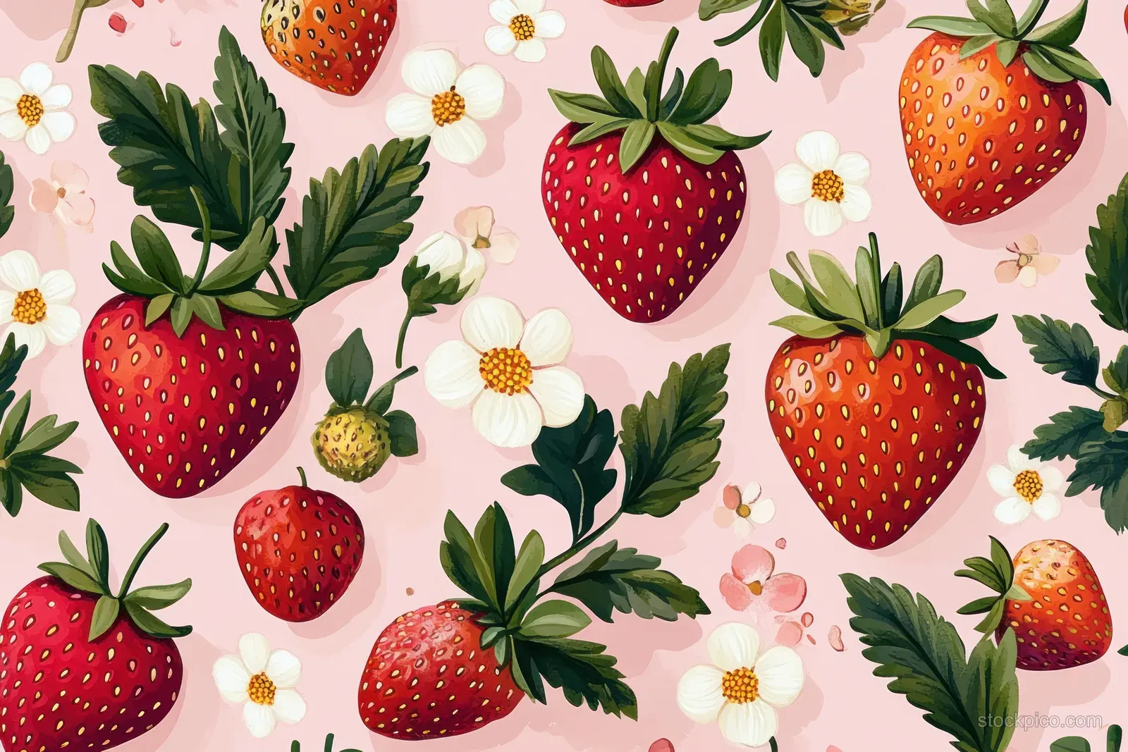 Seamless pattern repeating strawberries and small white flowers with green leaves on a light pink background.