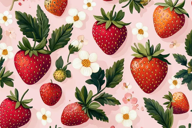 Seamless pattern repeating strawberries and small white flowers with green leaves on a light pink background.