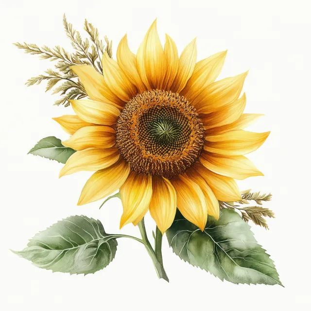 Watercolor sunflower with textured golden petals and green leaves on a light cream background.
