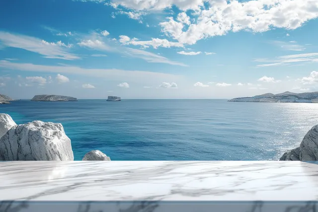 White marble tabletop overlooking calm sea and bright sky in Greece