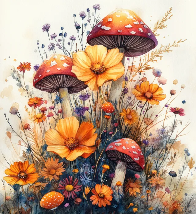 Watercolor bouquet with orange flowers, spotted mushrooms, and autumn foliage