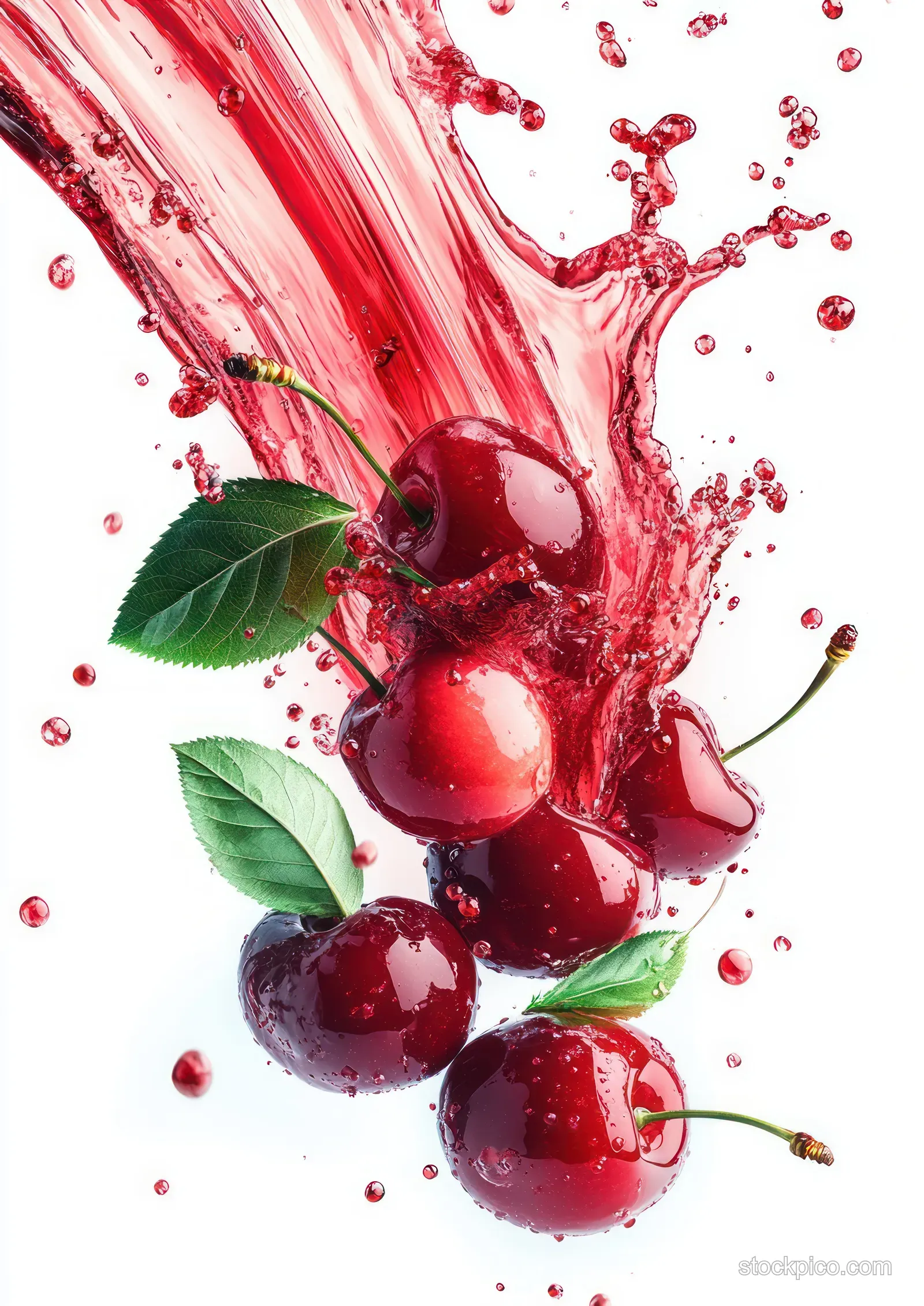 Red cherry juice splash with whole cherries, green leaves, and flying droplets isolated on white background.