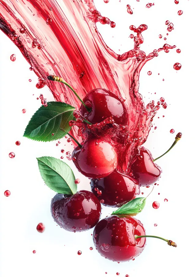 Red cherry juice splash with whole cherries, green leaves, and flying droplets isolated on white background.