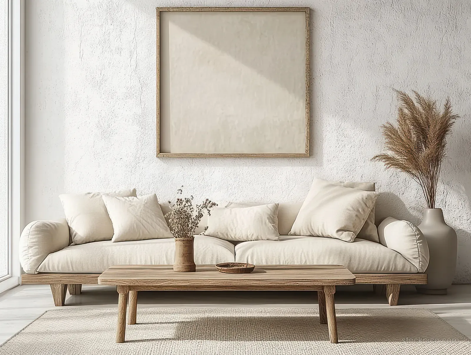 A minimalist living room showcases a light beige sofa, textured white wall, and natural sunlight illuminating neutral décor.
