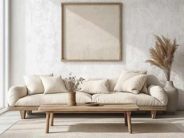 A minimalist living room showcases a light beige sofa, textured white wall, and natural sunlight illuminating neutral décor.