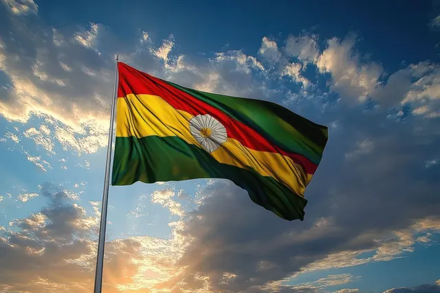 Waving tri-color flag with circular emblem fluttering against dramatic sunset clouds