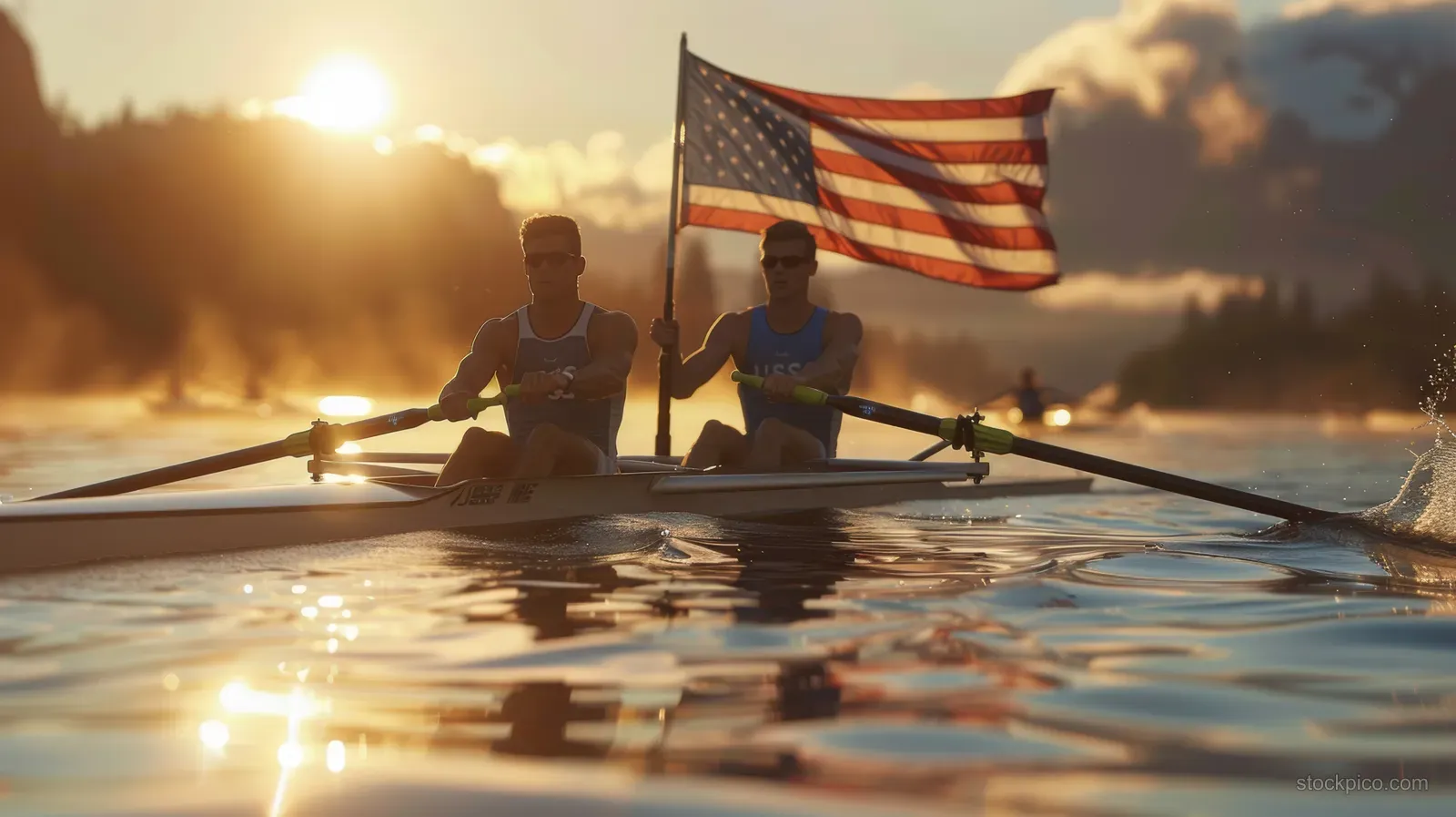 Two rowers in a double scull race at sunrise on a calm lake, with an American flag waving.